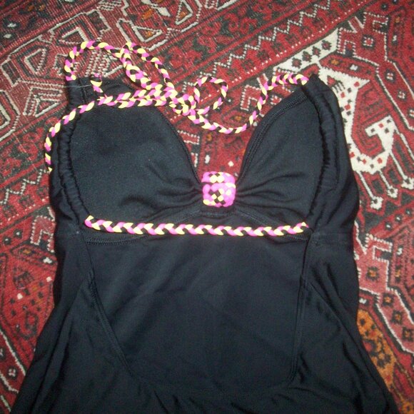 Vintage Y2K Hobie Tankini Womens Medium Black Bright Yellow Hibiscus Halter Top - Picture 5 of 8